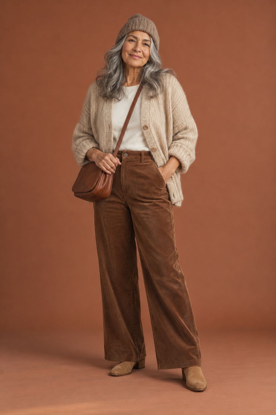 A person in an oatmeal chunky cardigan, brown corduroy wide-leg trousers, tan suede ankle boots, a wool beanie and a leather crossbody bag.